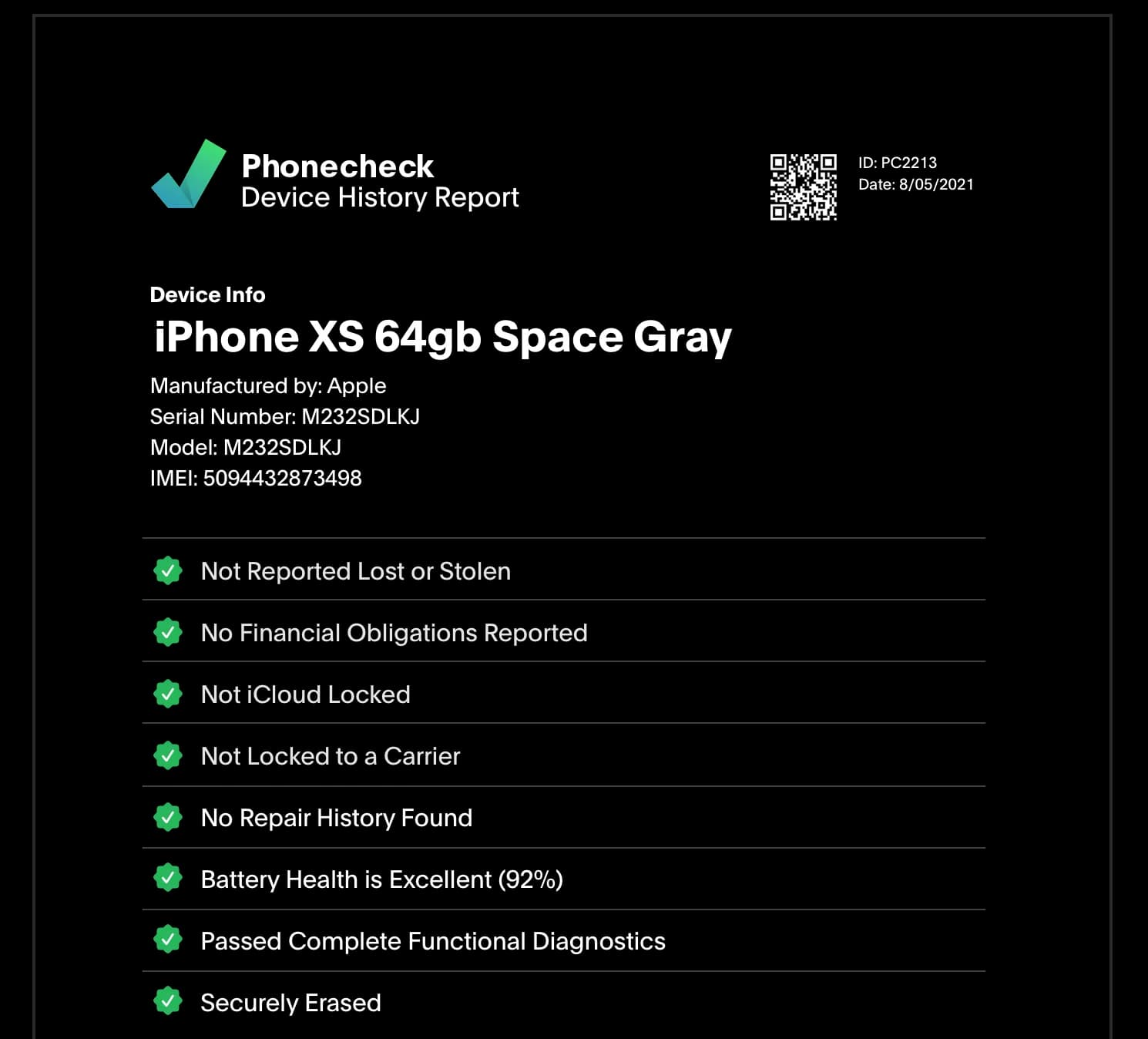 Phonecheck Device History Report shown on a smartphone