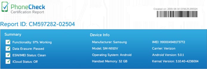 Phonecheck Mobile Certification report example